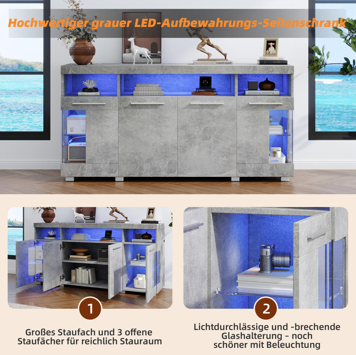 SIDEBOARD aus MDF 140x40x70 cm Zementgrau mit LED-Beleuchtung, Glastüren und Stauraum - Grau, Holzwerkstoff (140/70/40cm) - IVMEU