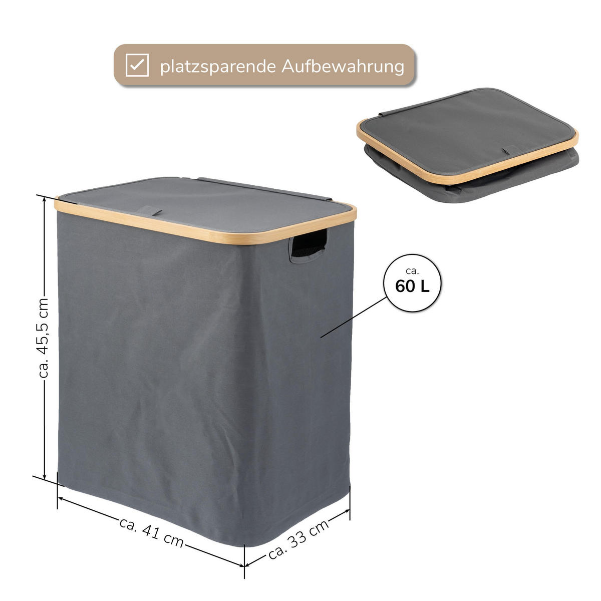 WÄSCHESAMMLER 60 Liter, grau - Grau, Textil (41/45.5/33cm) - bremermann