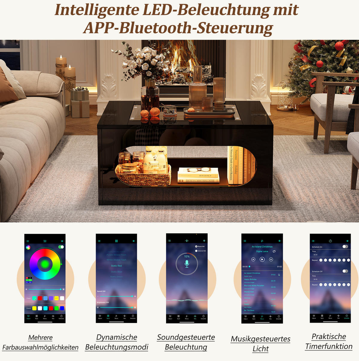 COUCHTISCH 70/70/35 cm schwarz aus MDF mit Glasplatte und LED-Beleuchtung - Schwarz, Holzwerkstoff (70/70/35cm) - OKMYHOME