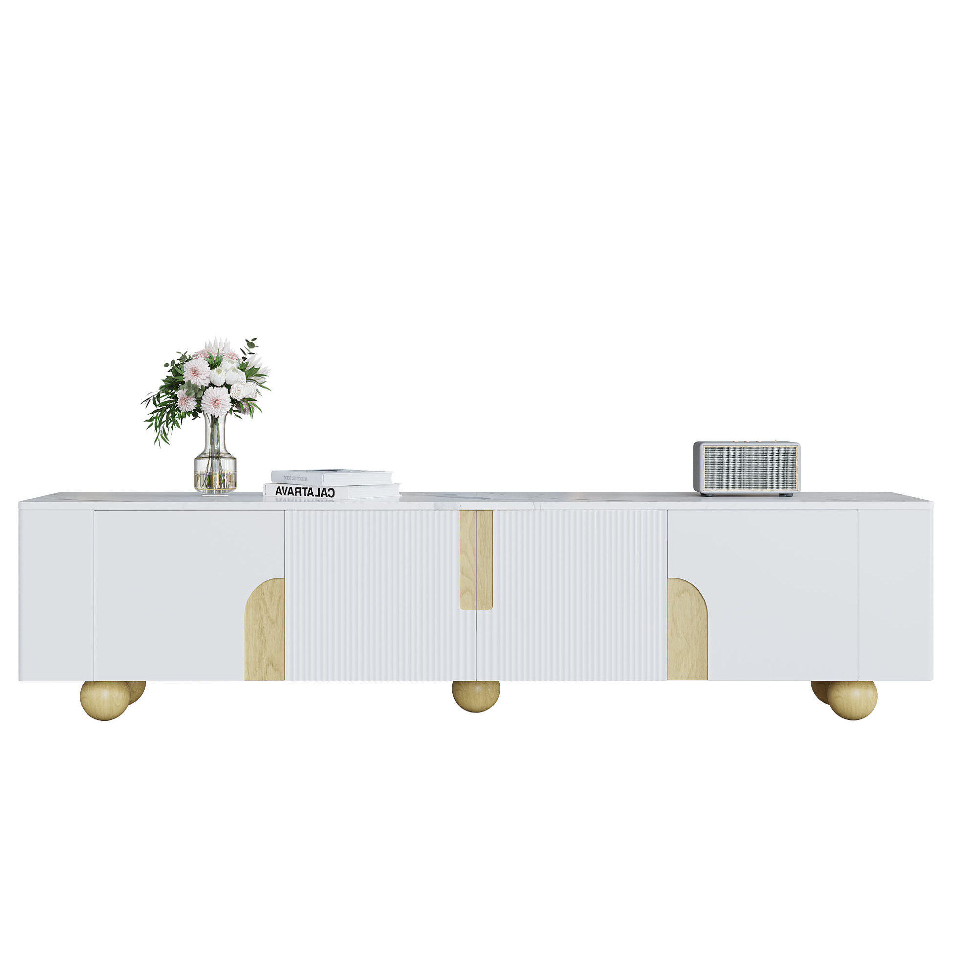 TV-SCHRANK aus MDF und Spanplatte 180x40x44 cm Weiß/Holzfarbe mit 4 Türen und Marmoroptik - Weiß, Holzwerkstoff (180/44/40cm) - Modfu