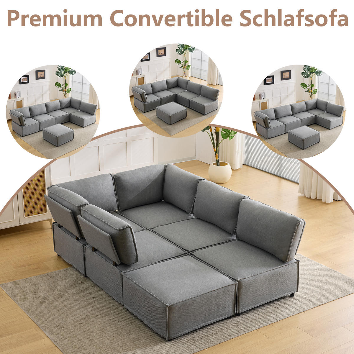 WOHNLANDSCHAFT Leinen Hellgrau mit Schlaffunktion - Hellgrau, Holzwerkstoff/Textil (308/77/152cm) - WISHDOR