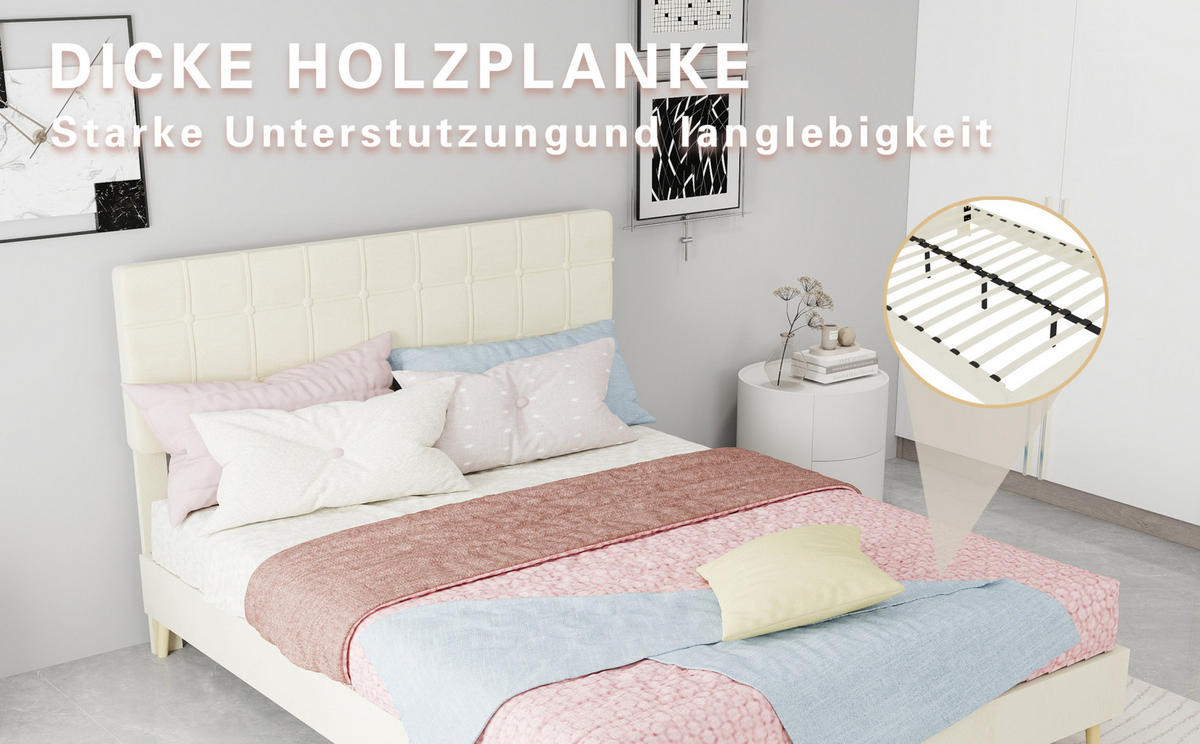 ČALOUNĚNÁ postel 140/200 cm s kostkovaným čelem a dřevěnými nohami, Béžová - béžová, textil (140/200cm) - Redom