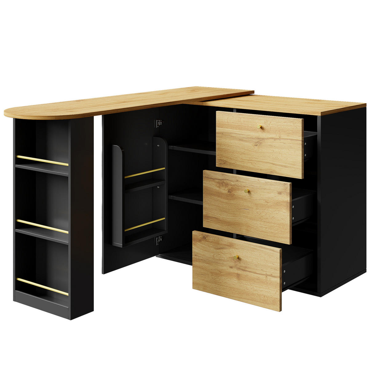 BAROVÝ stůl z MDF 138-204x39x104 cm černý otočný o 360° a výsuvný s úložným prostorem a 3 zásuvkami - černá, kompozitní dřevo (204/104/39cm) - Modfu