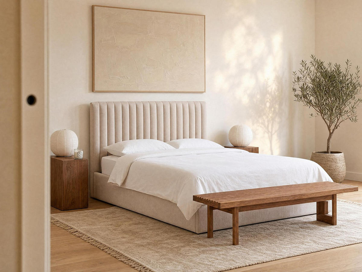 BETT mit Bettkasten - 2 Personen - stoff - beige Saraneli - Beige, Textil (140/190cm) - Vente-Unique