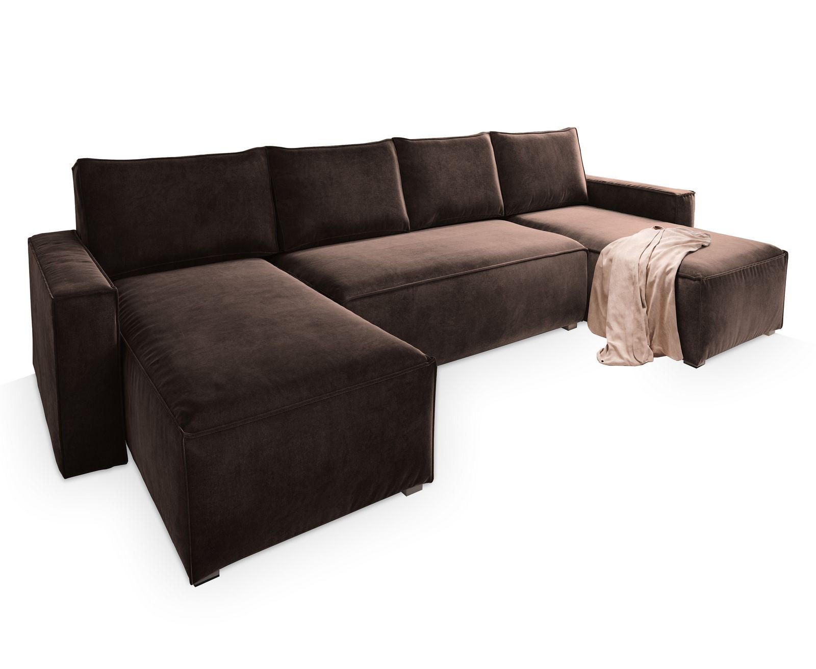WOHNLANDSCHAFT DENI Braun Velours-Stoff mit Schlaffunktion - Braun, Holz (295/85/140cm) - MASSENO