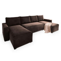 WOHNLANDSCHAFT DENI Braun Velours-Stoff mit Schlaffunktion - Braun, Holz (295/85/140cm) - MASSENO