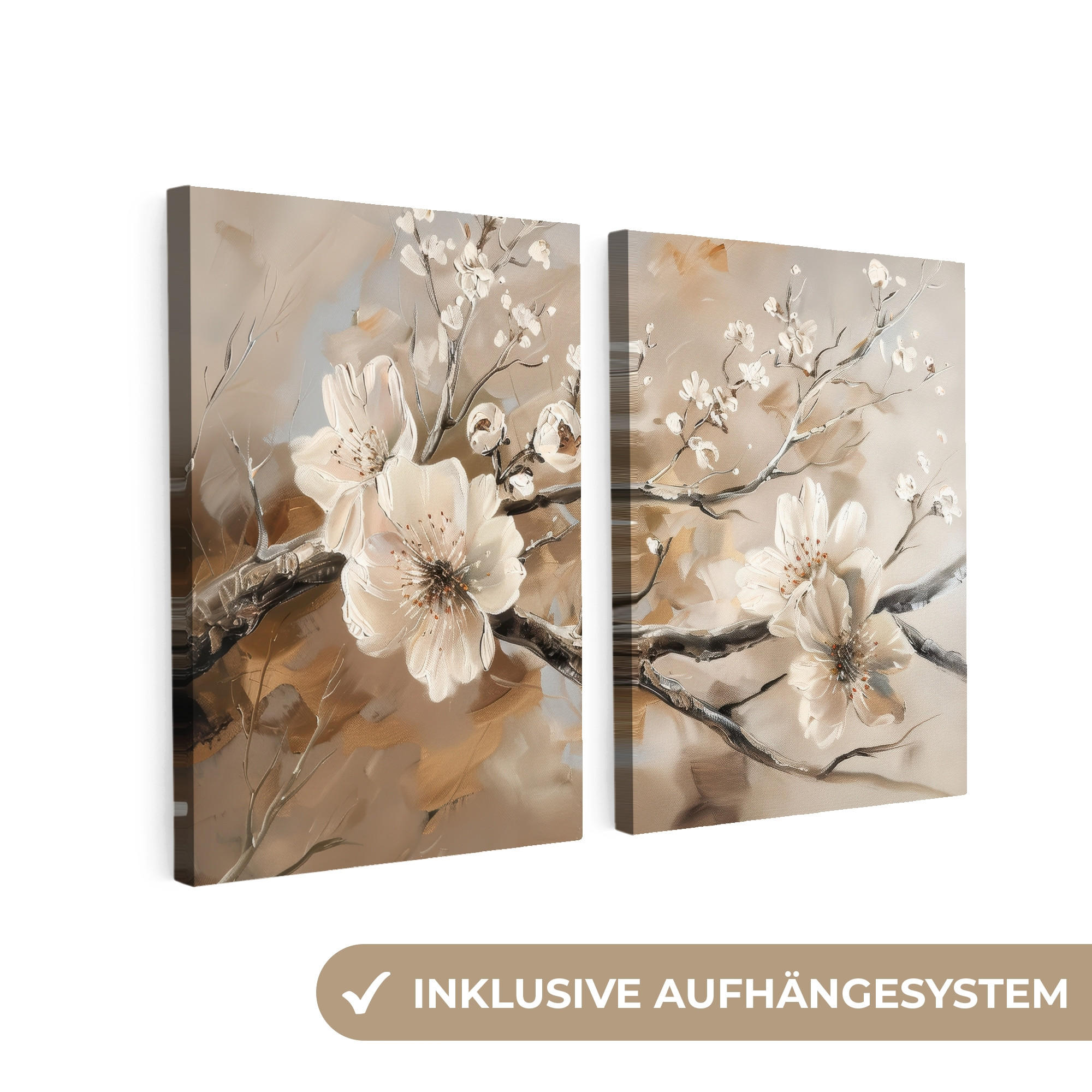 OBRAZ NA PLÁTNĚ 2dílná sada Květina - Béžová - Abstraktní - Květiny 120x80 cm - světle hnědá, textil (120/80cm) - MuchoWow