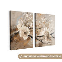 LEINWANDBILD - 2er Set - Blüte - Beige - Abstrakt - Blumen - 100x70 - Hellbraun, Textil (100/70cm) - MuchoWow