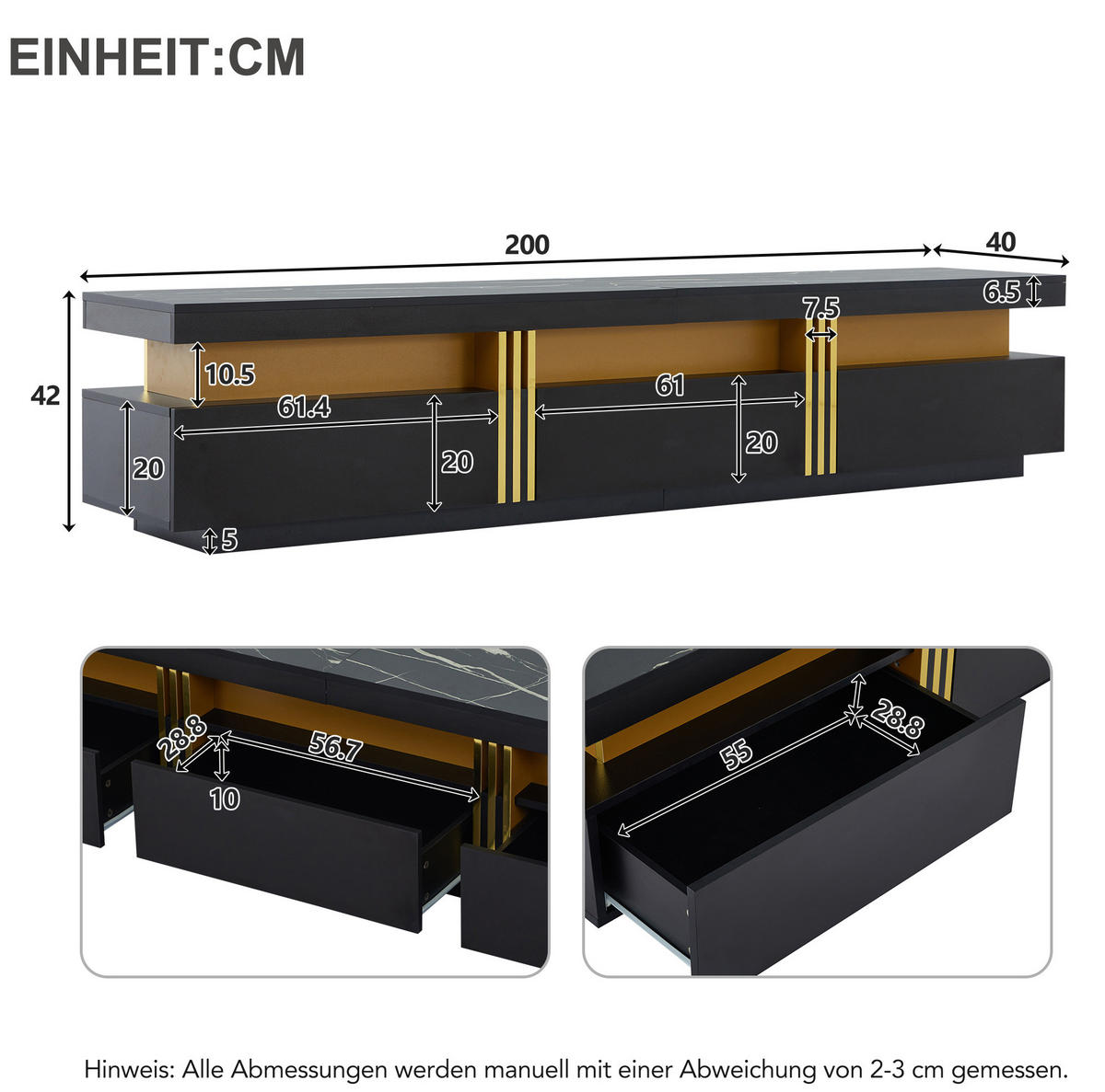 LOWBOARD 200/40/42 cm Schwarz aus Spanplatte mit 3 Schubladen - Schwarz, Holzwerkstoff (40/42/200cm) - OKMYHOME