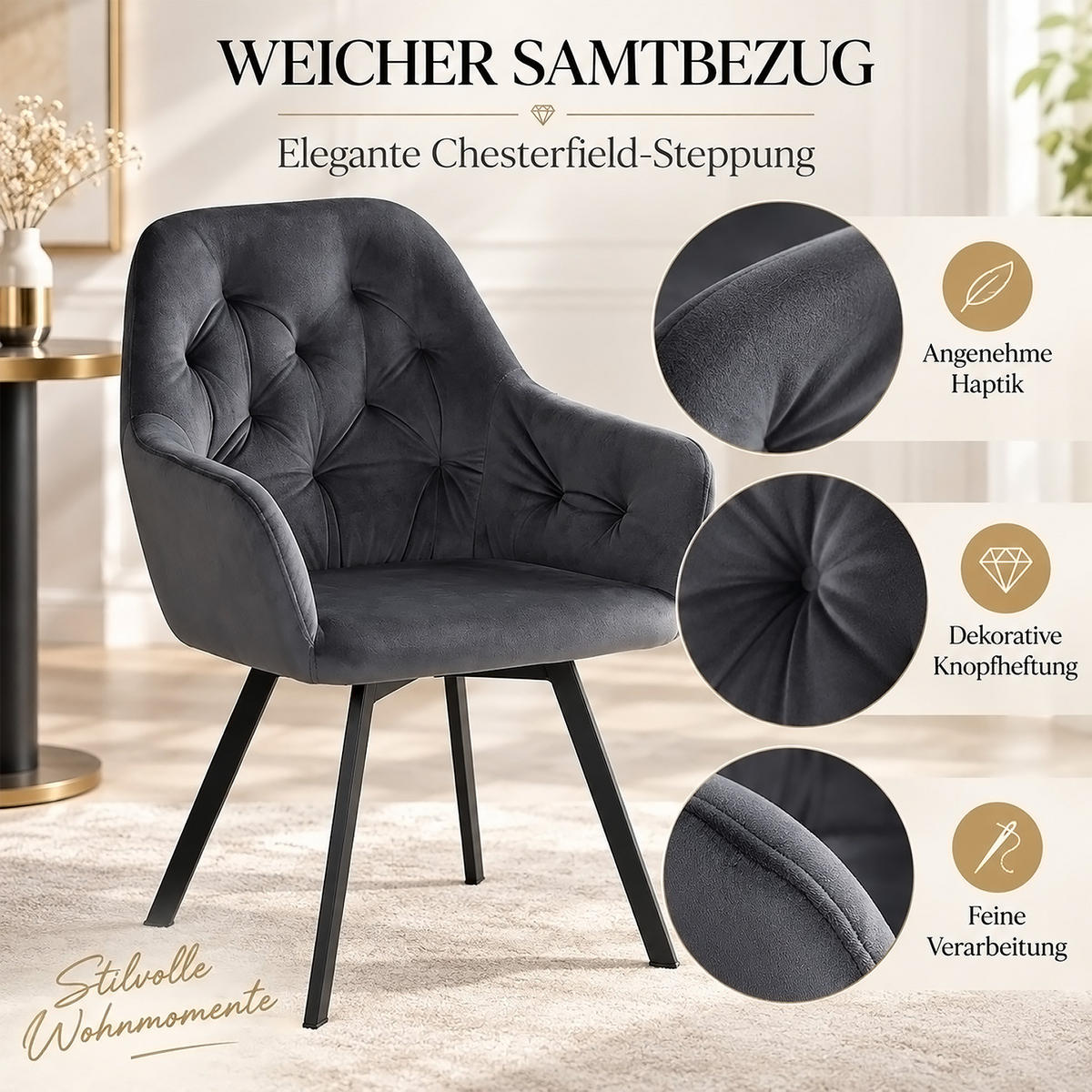 ARMLEHNSTUHL-SET 2 Stück in Stahl Samt Grau drehbar - Schwarz/Grau, Textil/Metall (59/88/65cm) - Homestyle4u
