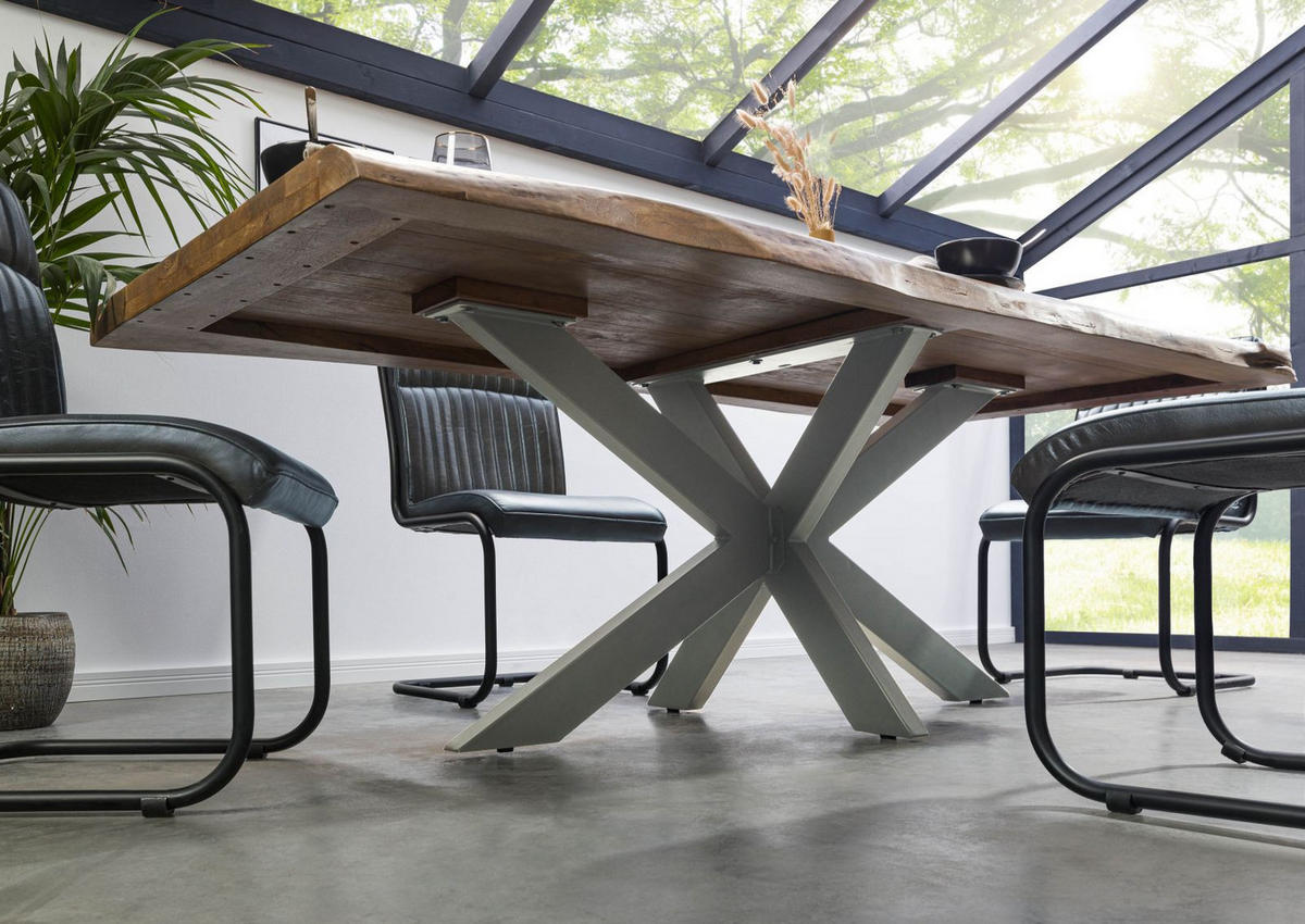 BAUMTISCH Mango 220x100x77 natur lackiert / Kreuzgestell silber matt FREEFORM 5 - Naturfarben, Holz (220/100/77cm) - Massivmoebel24