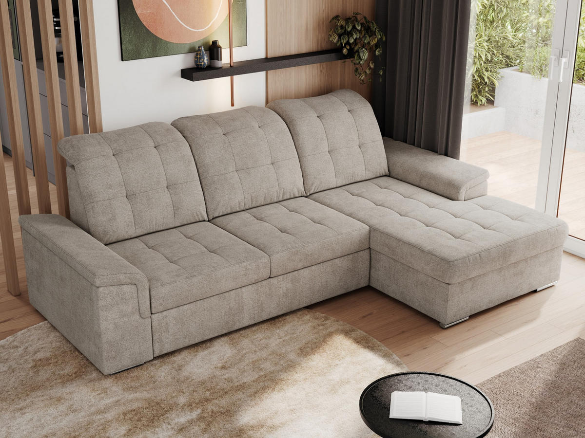 ECKSOFA MADRITO L - Beige Struktur - Rechts - Beige/Silberfarben, Textil/Metall (256/160cm)