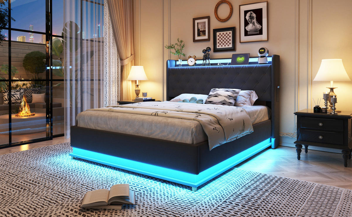 POLSTERBETT 140/200 cm Grau aus Stoff mit LED-Beleuchtung und Bettkasten - Grau, Textil (140/200cm) - OKMYHOME