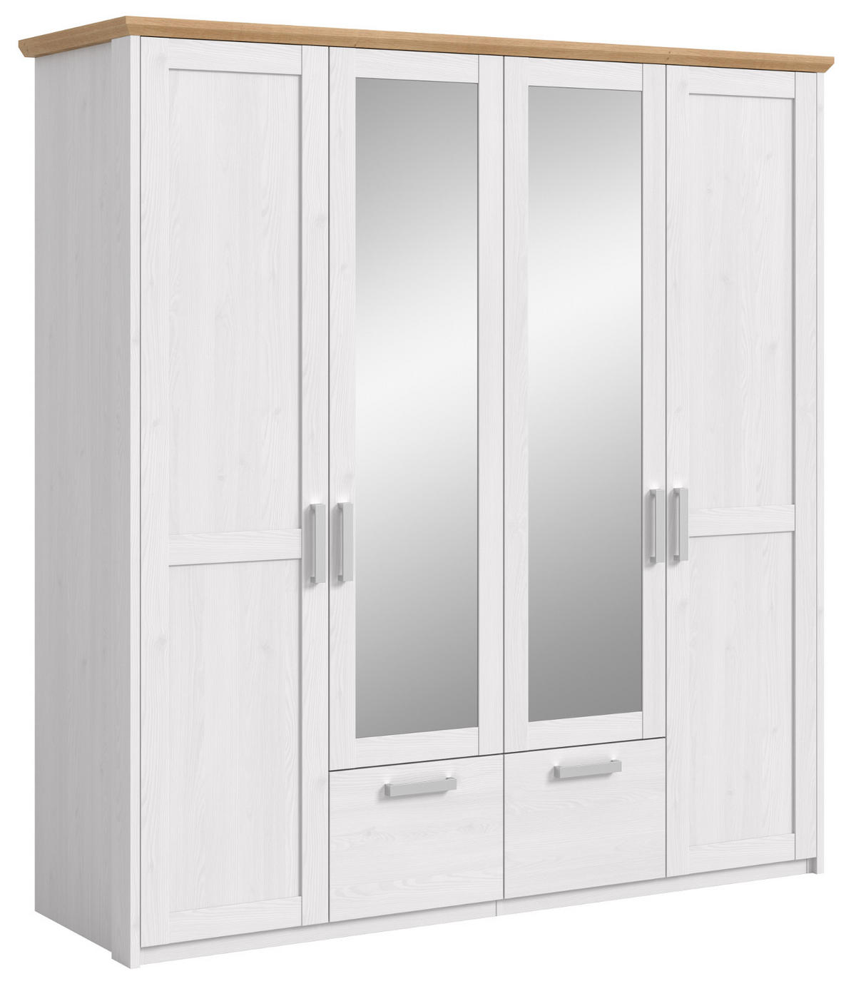 KLEIDERSCHRANK weiß Lärche, Eiche Artisan Landhaus, Drehtürenschrank 4-türig mit Spiegel - Eichefarben/Silberfarben, Glas/Holzwerkstoff (188/200/61cm) - Inn.Furn