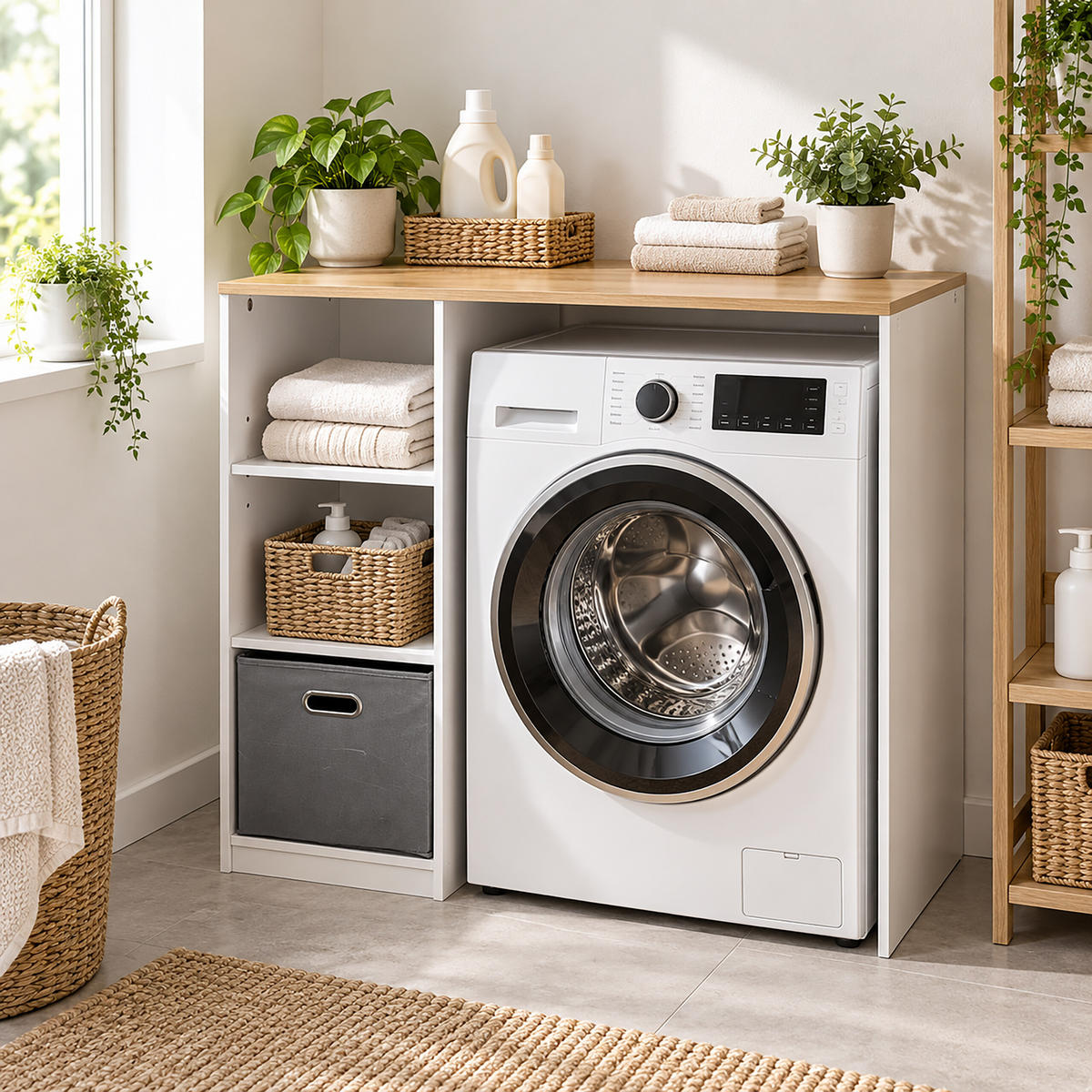 WASCHMASCHINENSCHRANK Weiß 3 Fächer Korb - Weiß, Holzwerkstoff/Textil (100/90/60cm) - Relaxdays