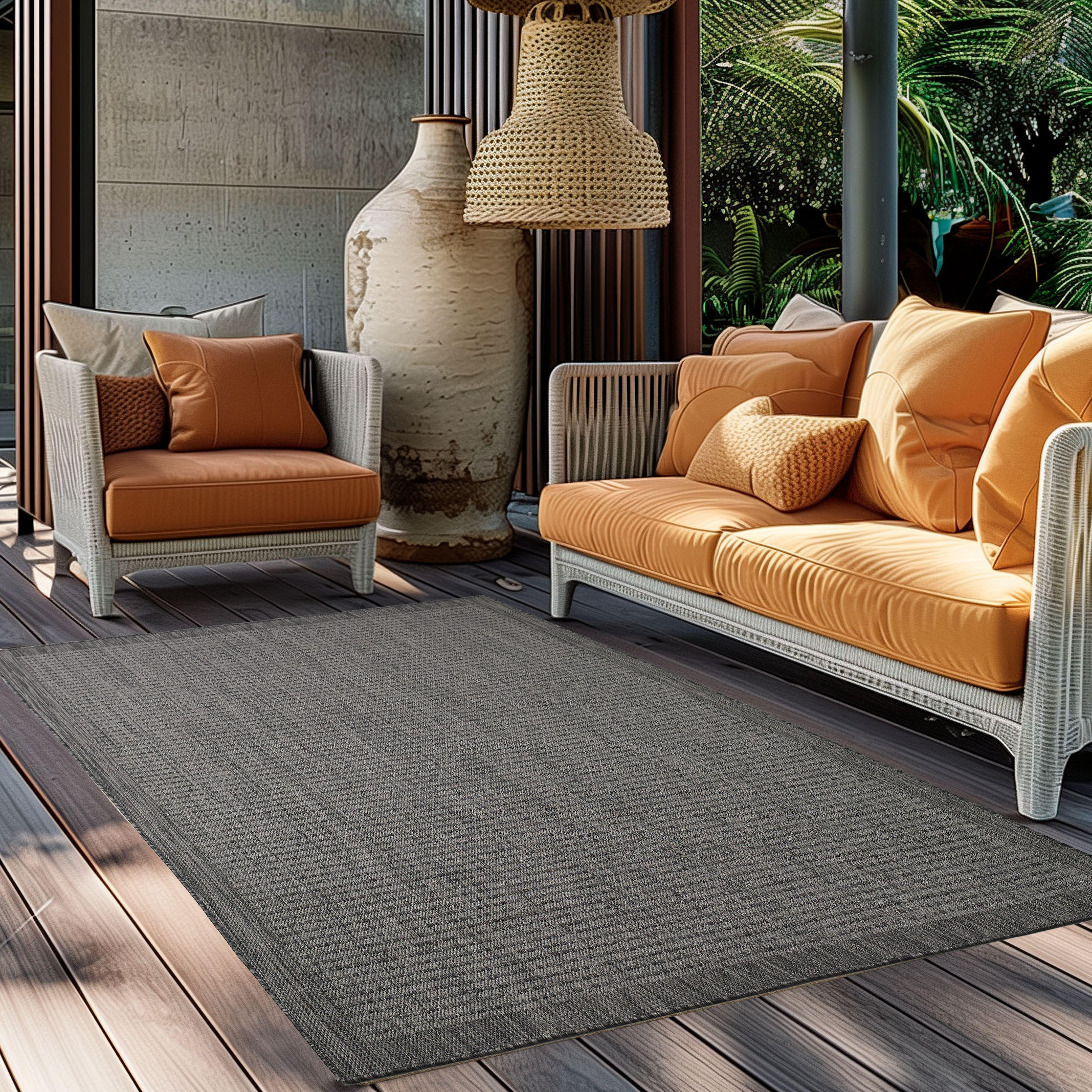 TEPPICH Outdoor Flachgewebe Uni-Farbe Polypropylen Balkon Schwarz Rechteckig 140x200 - Schwarz, Textil (140/200cm) - KADIMA DESIGN