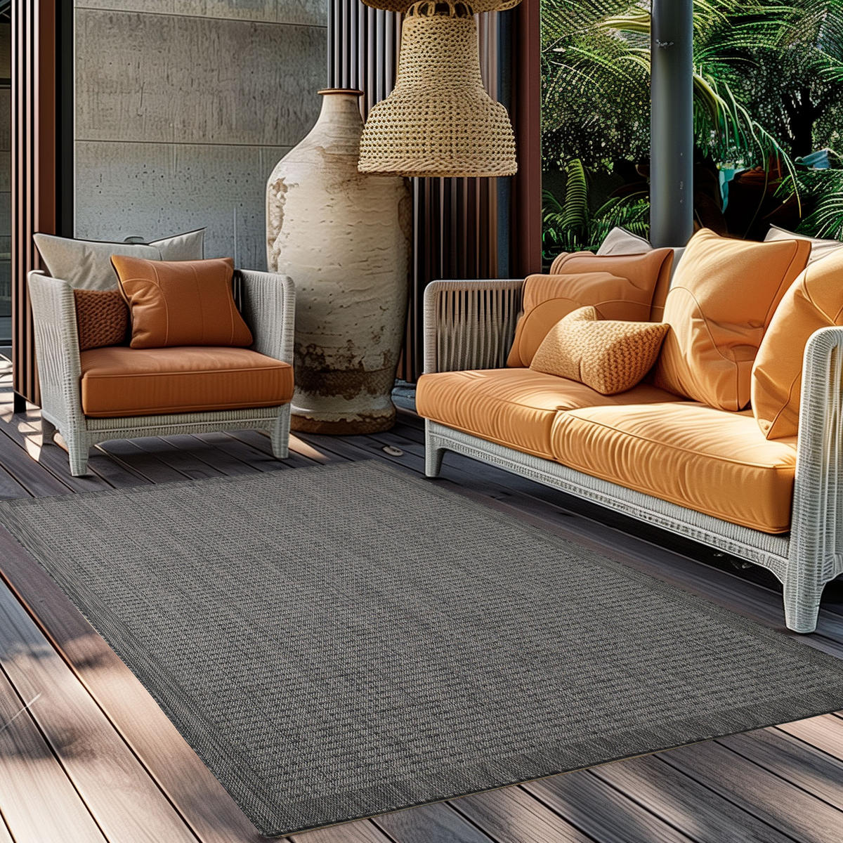 TEPPICH Outdoor Flachgewebe Uni-Farbe Polypropylen Balkon Schwarz Rechteckig 240x340 - Schwarz, Textil (240/340cm) - KADIMA DESIGN