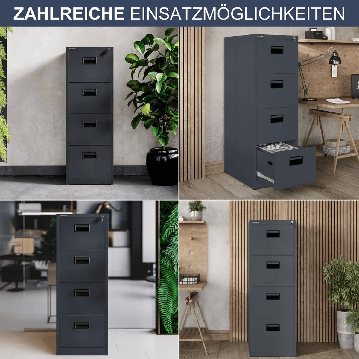 HÄNGEREGISTERSCHRANK abschließbar TION 4 Schubladen 132x46x62cm Anthrazit - Anthrazit, Metall (46/132/62cm) - DELUKE