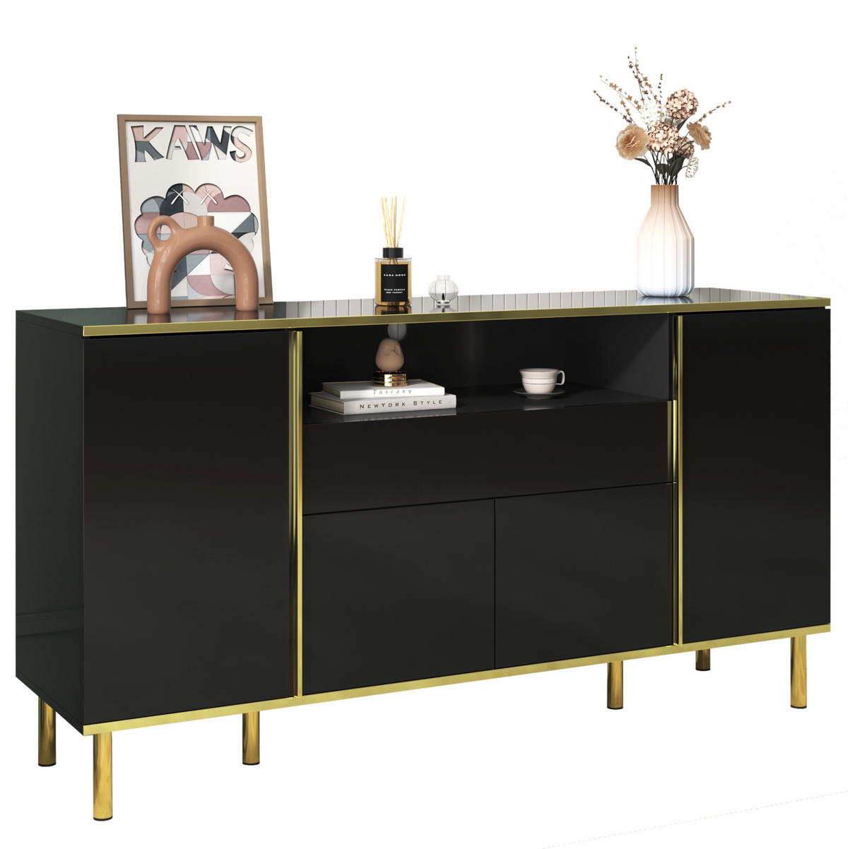 SIDEBOARD in Hochglanz Schwarz mit goldenen Akzenten, 4 Türen, 1 Schublade und LED-Beleuchtung, 150/40/80 cm, Schwarz - Schwarz, Holzwerkstoff (150/80/40cm) - Redom