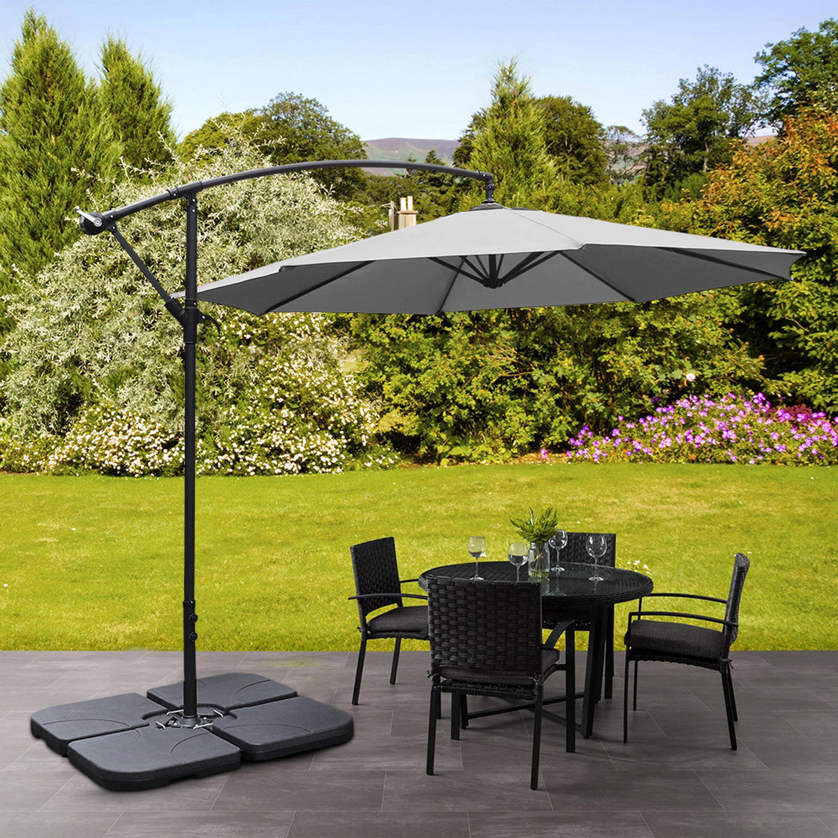 AMPELSCHIRM mit befüllbarer Kunststoff-Sockel und Kreuzständer aus Polyester Metall in Hellgrau drehbar 360° neigbar 60° 3 x 2.6m - Grau, Metall (300/240cm) - Livingandhome