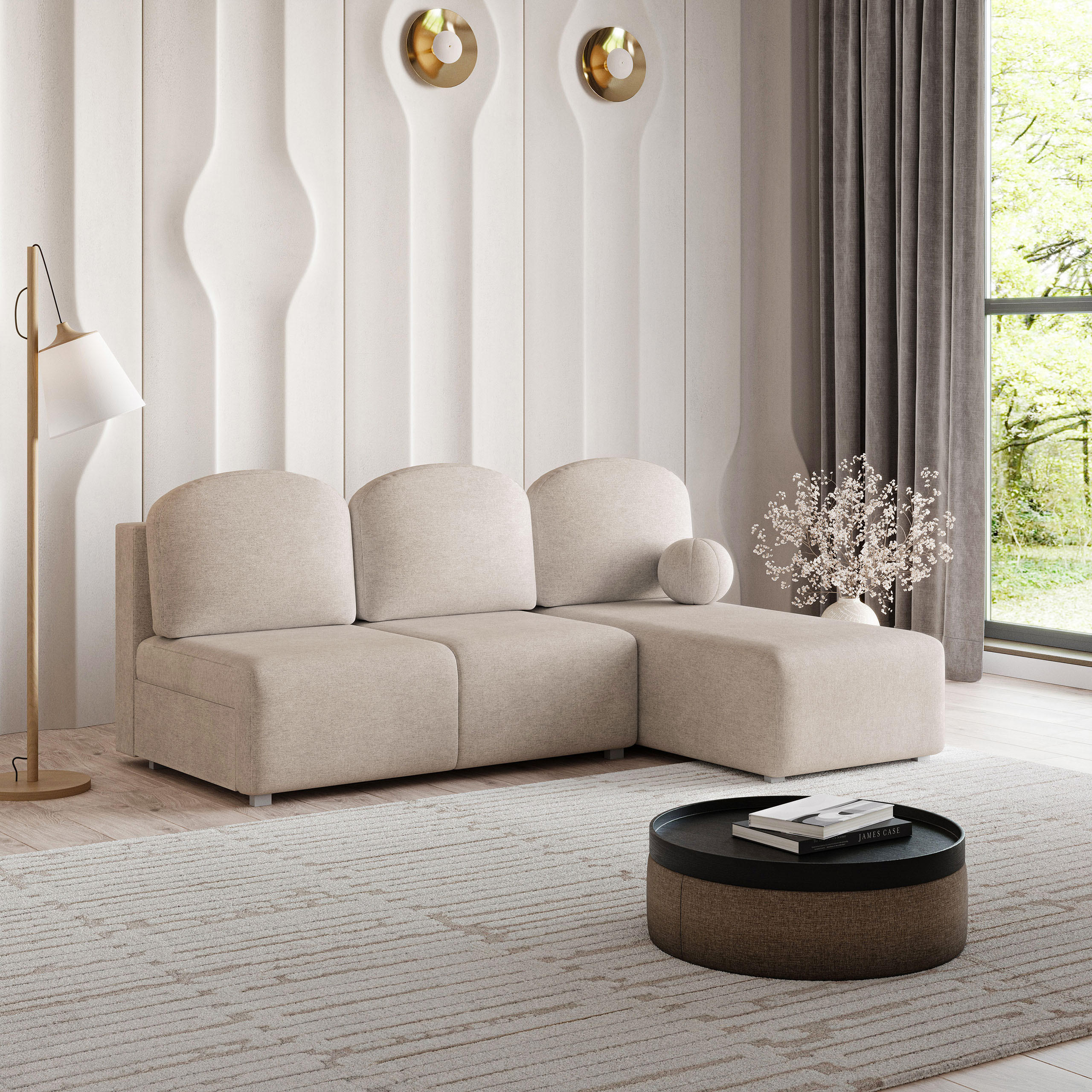 ECKSOFA TRAMA Beige Geflochtener Stoff mit Schlaffunktion - Beige, Holz (200/143cm) - MASSENO