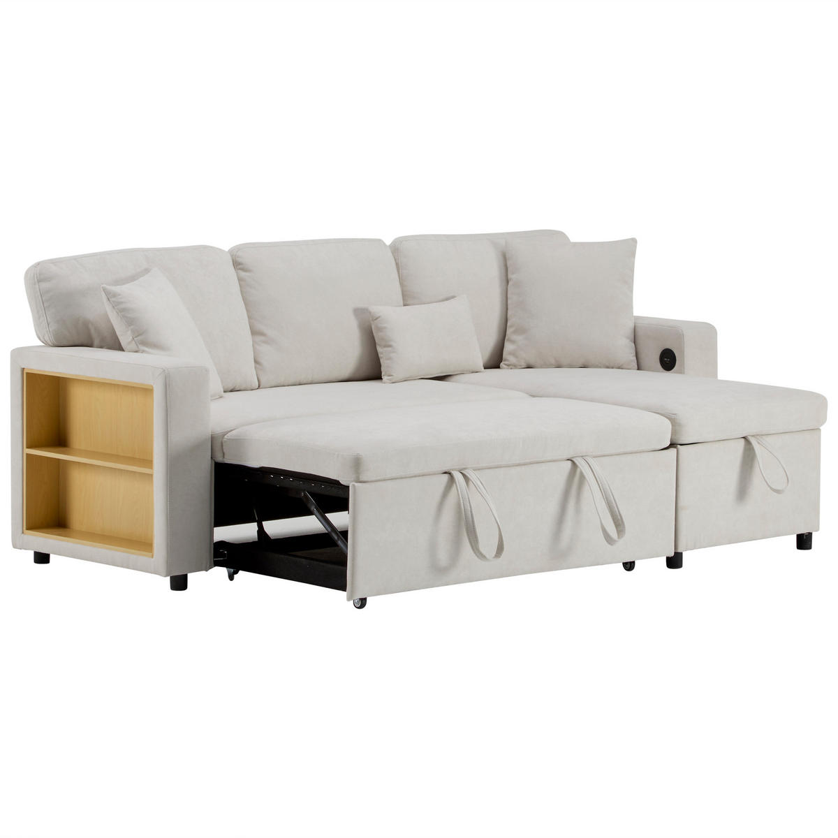 ECKSCHLAFSOFA 214/131/87 cm Beige mit Bettkasten und integriertem Regal - Beige, Textil (214/131cm) - Oxeza
