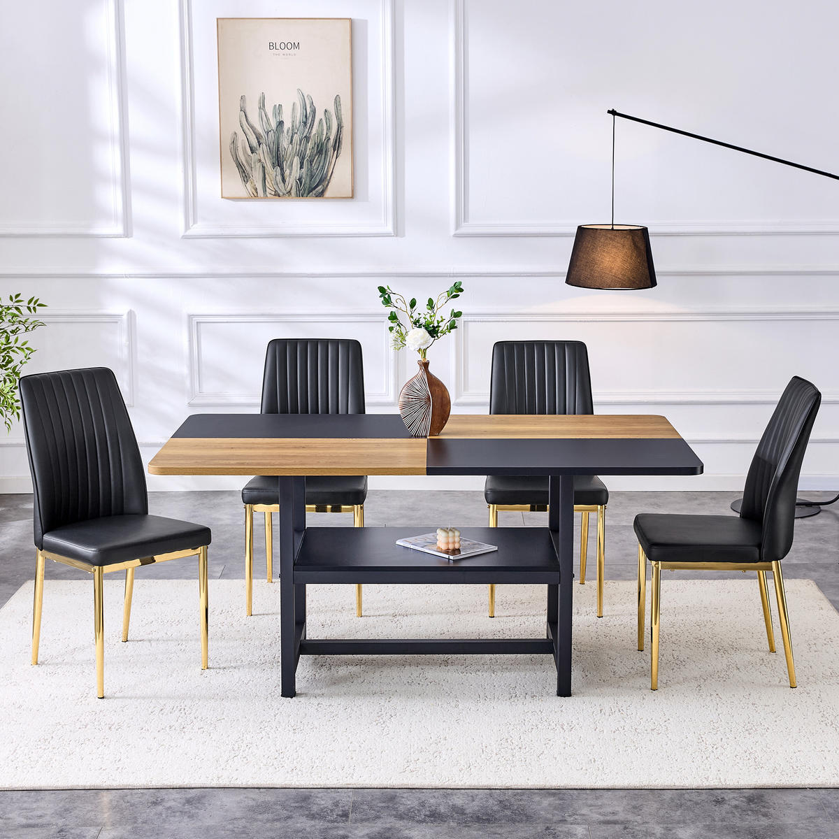 ESSGRUPPE DE-39342 5-teilig, mit Abstellregal und 4 PU-Sesseln Schwarz/Gold - Schwarz, Holzwerkstoff (160/76/90cm) - ComfortXL