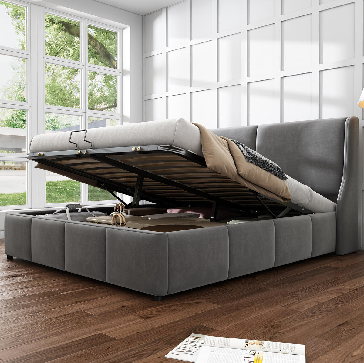SAMT-POLSTERBETT 140/200 cm in Grau mit Bettkasten und gepolstertem Kopfteil - Grau, Textil (140/200cm) - BEAOK