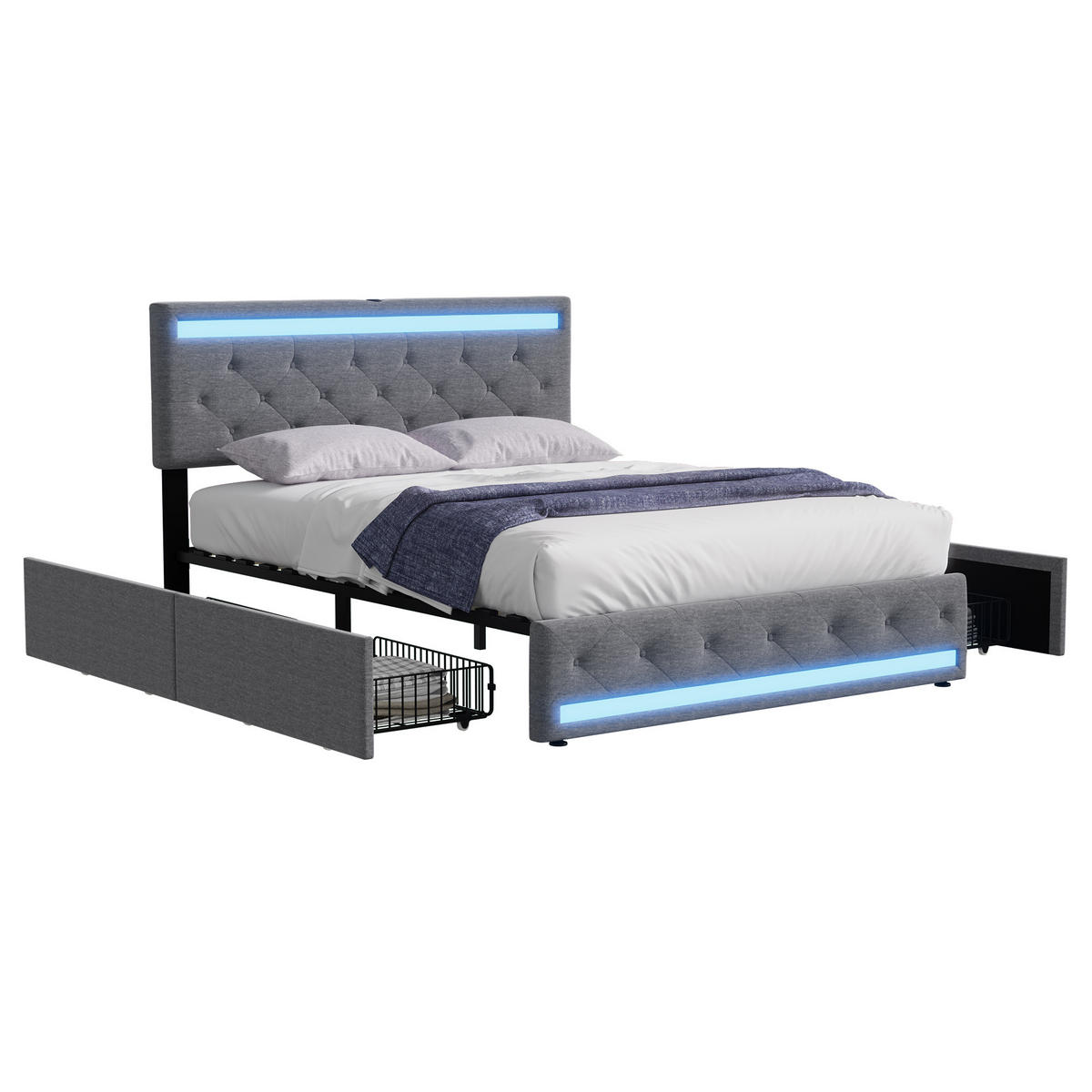 POLSTERBETT 140x190 cm mit RGB-LED-Beleuchtung, USB-Ladestation und 4 Schubladen, Dunkelgrau - Grau, Textil (140/190cm) - DELFA