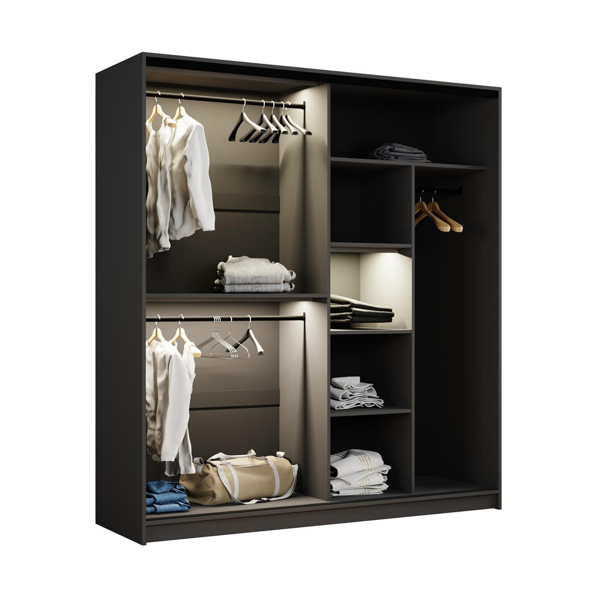 KLEIDERSCHRANK Night Graphit, Zweitüriger Schiebeschrank mit LED-Beleuchtung - Graphitfarben, Holzwerkstoff (203/217/60cm) - Bettso