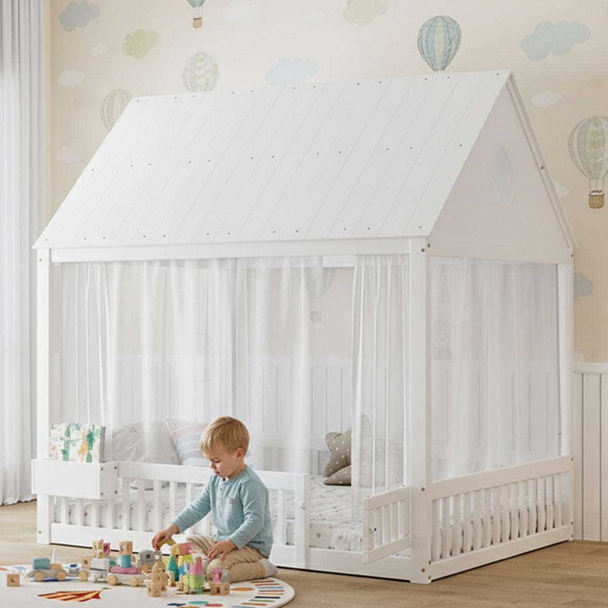 KINDERBETT 140x200 cm Hausdesign Vorhang - Weiß, Holz (140/200cm) - LEBENLANG
