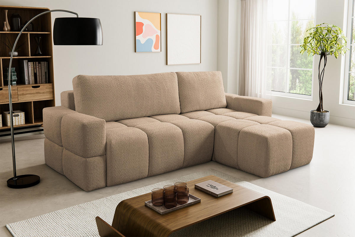 ECKSOFA LUSSO mit Schlaffunktion und Bettkasten, Farbe: Braun, Bouclé-Stoff, Ottomane Universal - Braun, Textil (255/165cm)