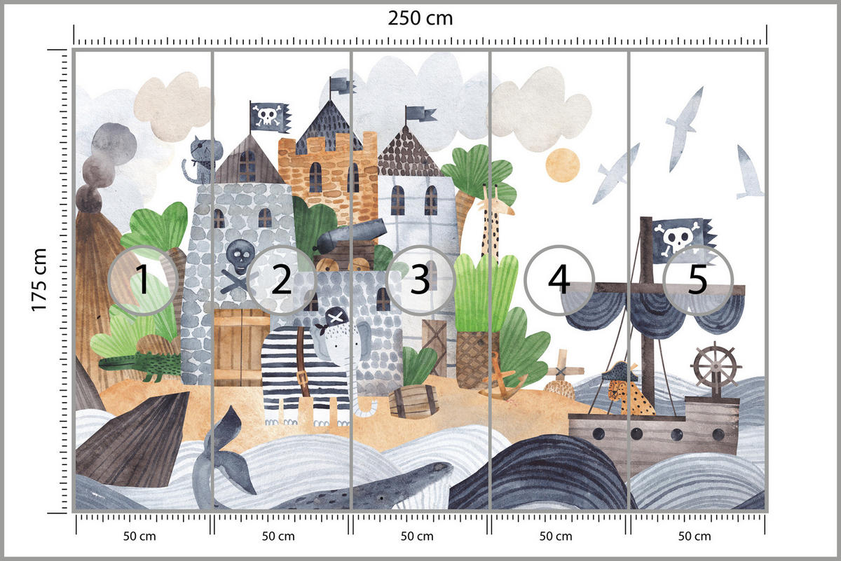 FOTOTAPETE für Kinderzimmer Märchen Piratenfestung Schiff Meereswellen 250x175 - Blau/Beige, Papier (250/175cm) - Muralo