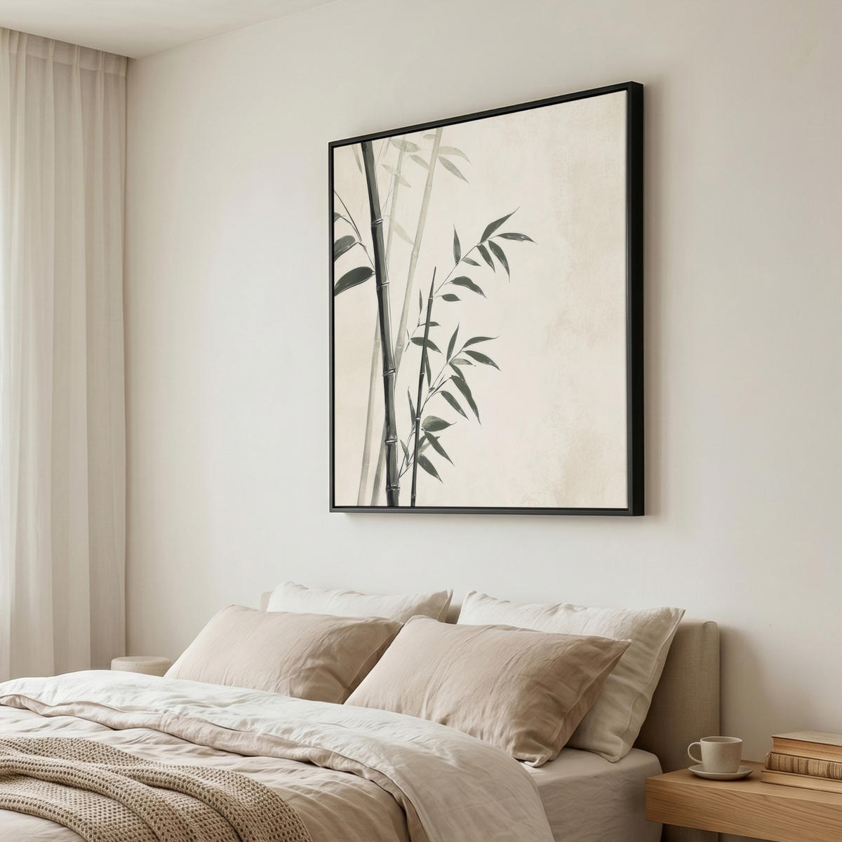 LEINWAND Bilder mit Rahmen - Japandi - Bambus - Beige - 90x90 - Eukalyptusholzfarben, Textil (90/90cm) - MuchoWow