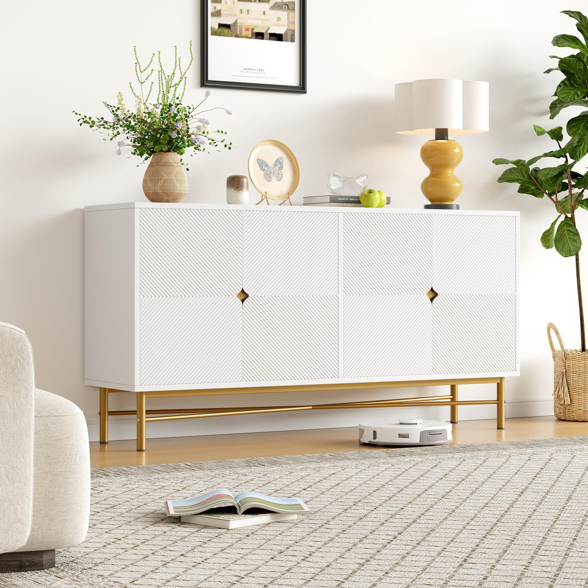SIDEBOARD Weiß 4 Türen Gold Griffe Hochglanz 160x40x82cm - Weiß, Holzwerkstoff (40/82/160cm) - FLIEKS