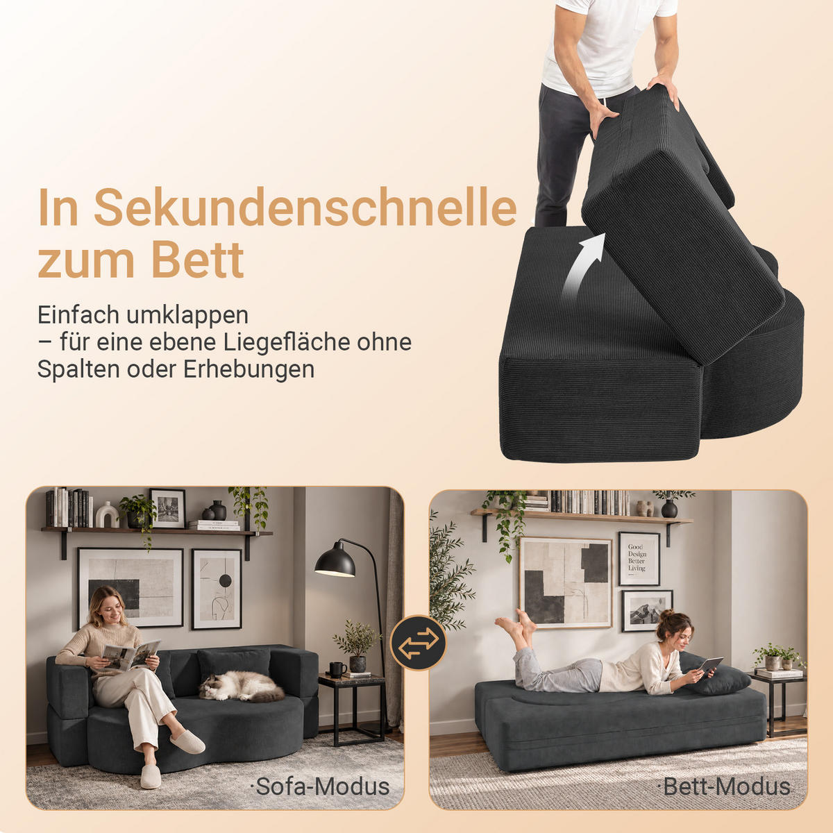 SOFA ausziehbar mit Kordstoffbezug FST101-SCH - Schwarz, Textil/Metall (177/32/107cm) - SoBuy