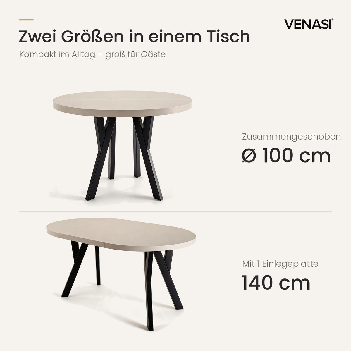 ESSTISCH ausziehbar rund 100-140 cm ATO Kaschmir, Auszugstisch mit Einlegeplatte - Kaschmir/Schwarz, Holzwerkstoff (100/100/77cm) - VENASI MÖBEL