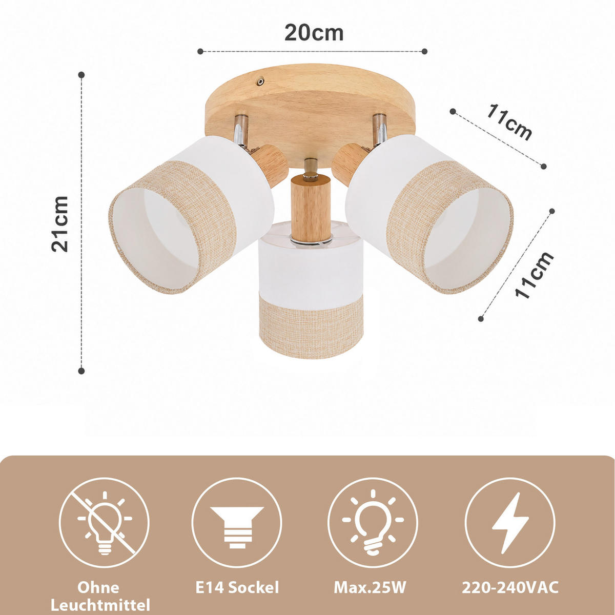 DECKENSTRAHLER Morvric 20/20/21 cm - Braun/Weiß, Holz/Textil (20/20/21cm) - ZMH