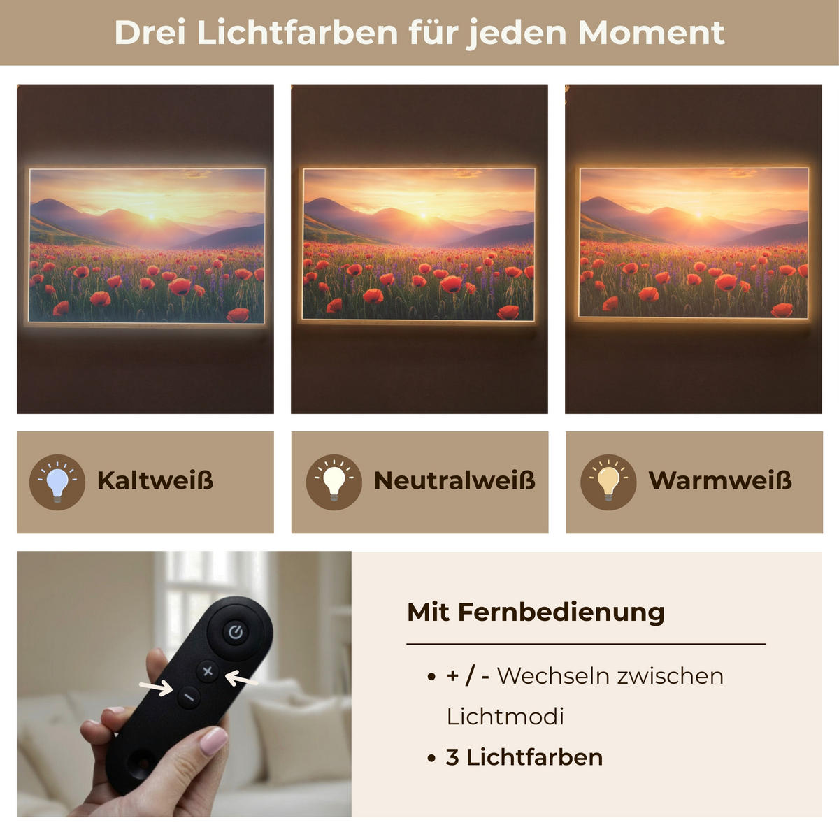 WANDLEUCHTE MIT AKKU Landschaft - Sonnenuntergang - Blumenfeld 100x70 cm - Rot, Holzwerkstoff (100/70/8cm) - OnlyWow