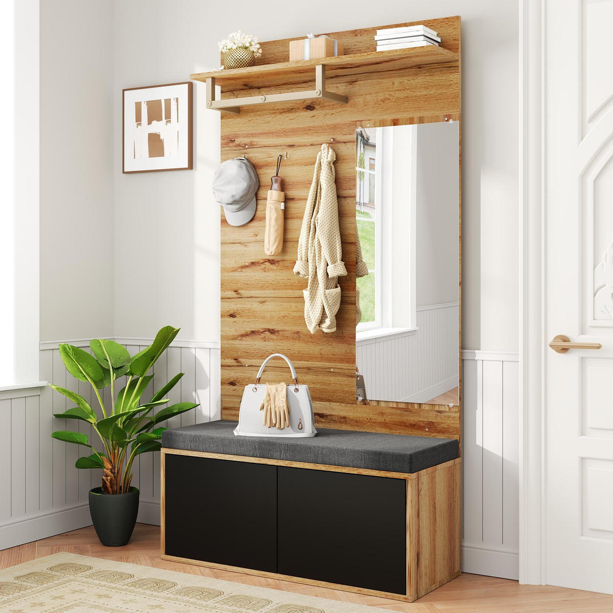 KLEIDERSCHRANKSET Kompakt Spiegel Kissen Garderobenpaneele Flur modern - Schwarz, Holzwerkstoff (38/190/100cm) - FLIEKS