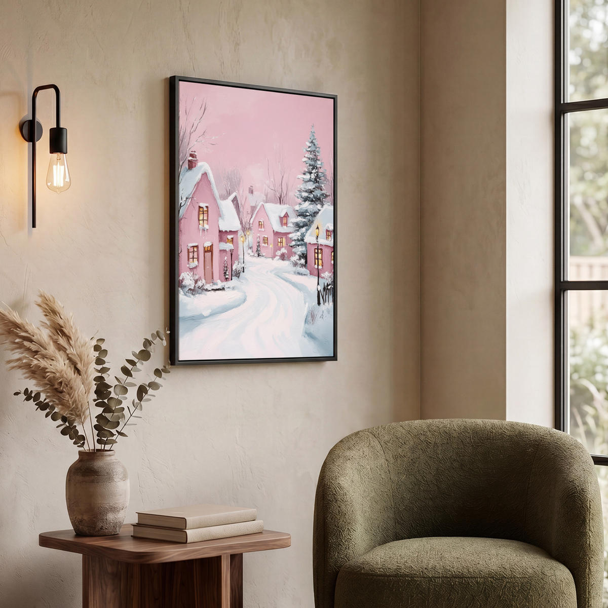 LEINWAND Bilder mit Rahmen - Weihnachtsdorf - Rosa - Winter - Schnee - Häuser - 50x70 - Altrosa, Textil (50/70cm) - MuchoWow