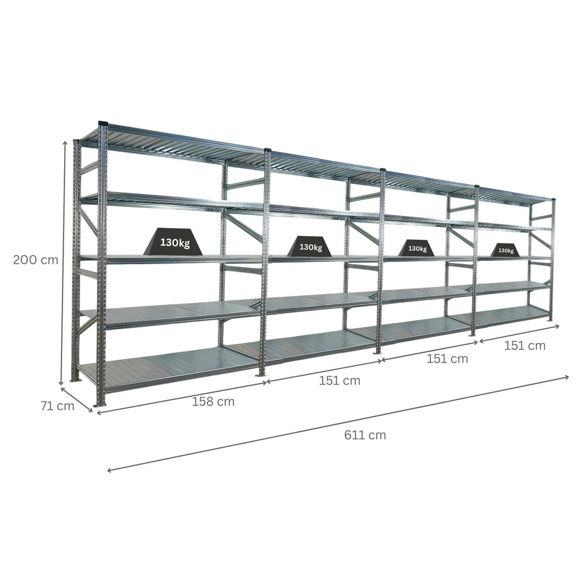 FACHBODENREGAL Proximo 200x600x70cm 5 Ebenen Fachlast 130 kg Beidseitig nutzbar Verzinkt - Silberfarben, Metall (600/200/70cm) - PROREGAL
