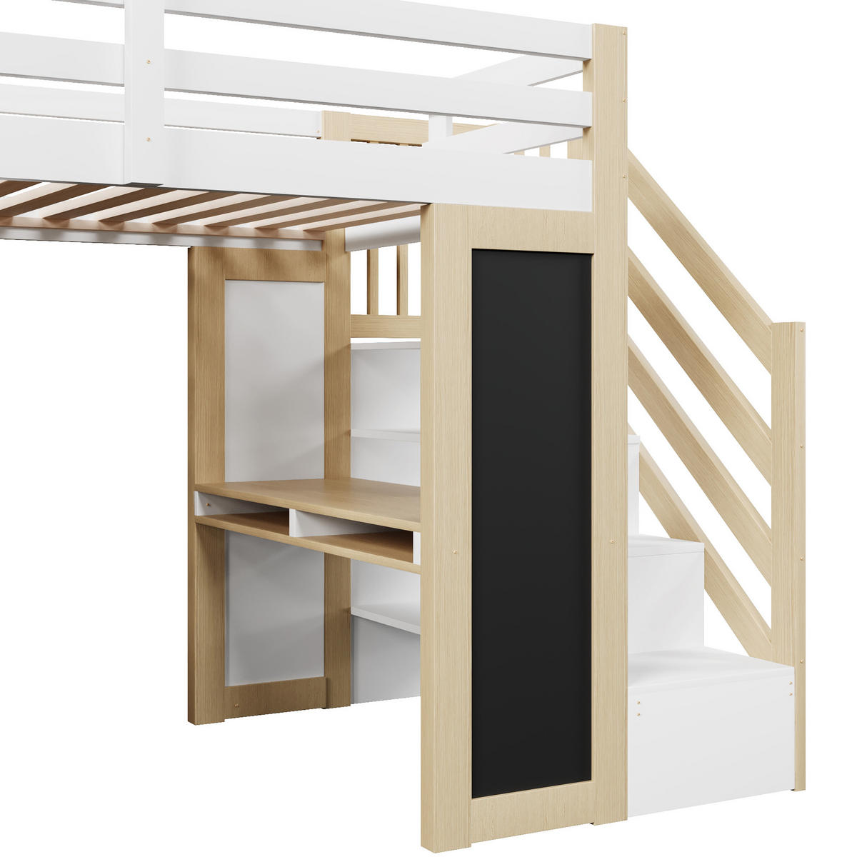 HOCHBETT 90/200 cm in Weiß & Natur mit Schreibtisch, Kleiderschrank und LED - Weiß/Naturfarben, Holz/Holzwerkstoff (90/200cm) - WISHDOR