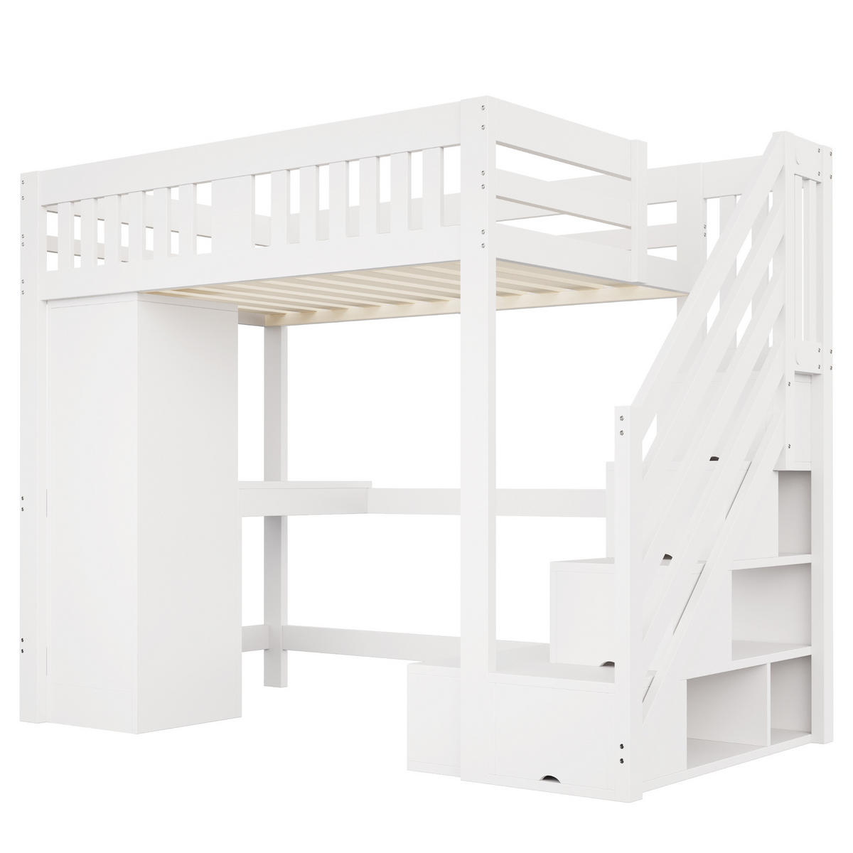 HOCHBETT Weiß aus Holzwerkstoff 140×200cm mit Stauraumtreppe, Schreibtisch, Kleiderschrank und LED-Beleuchtung - Weiß, Holzwerkstoff (140/200cm) - Luhomfu