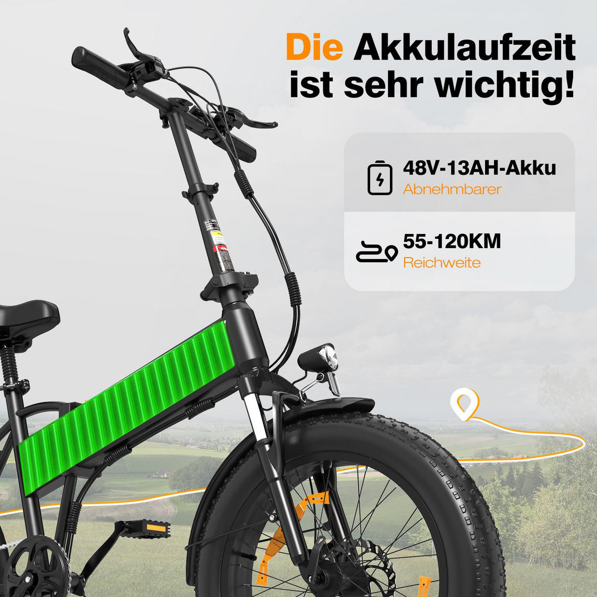 E-BIKE BK10SP Faltrad 20*4,0 zoll mit 48V13Ah Akku - Grün, Metall (30cm) - HITWAY
