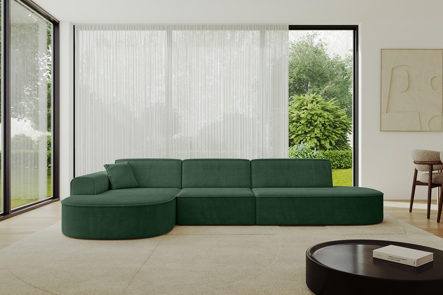 ECKSOFA Ottomane Links MARI-L2 - 317x163x73,5 cm Grün Cord - Schwarz/Grün, Holzwerkstoff/Kunststoff (165/321cm) - ALTDECOR