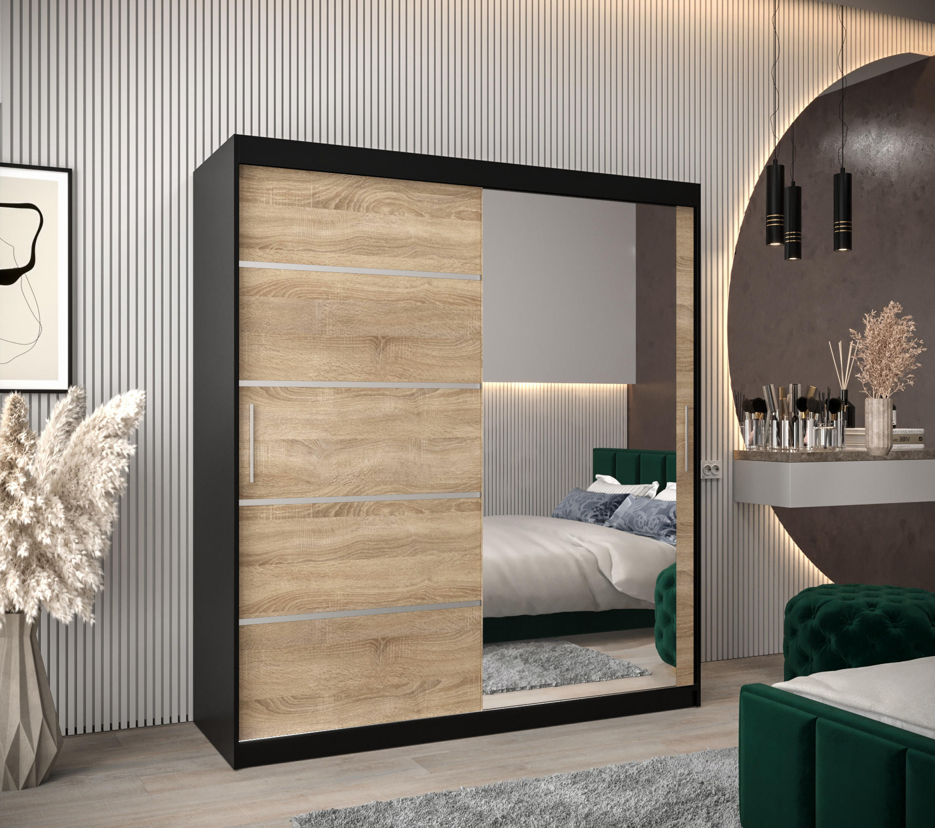 SCHWEBETÜRENSCHRANK 200/180/62 2-türig - Silberfarben/Schwarz, Holz/Kunststoff (180/200/62cm) - Abiks Möbel