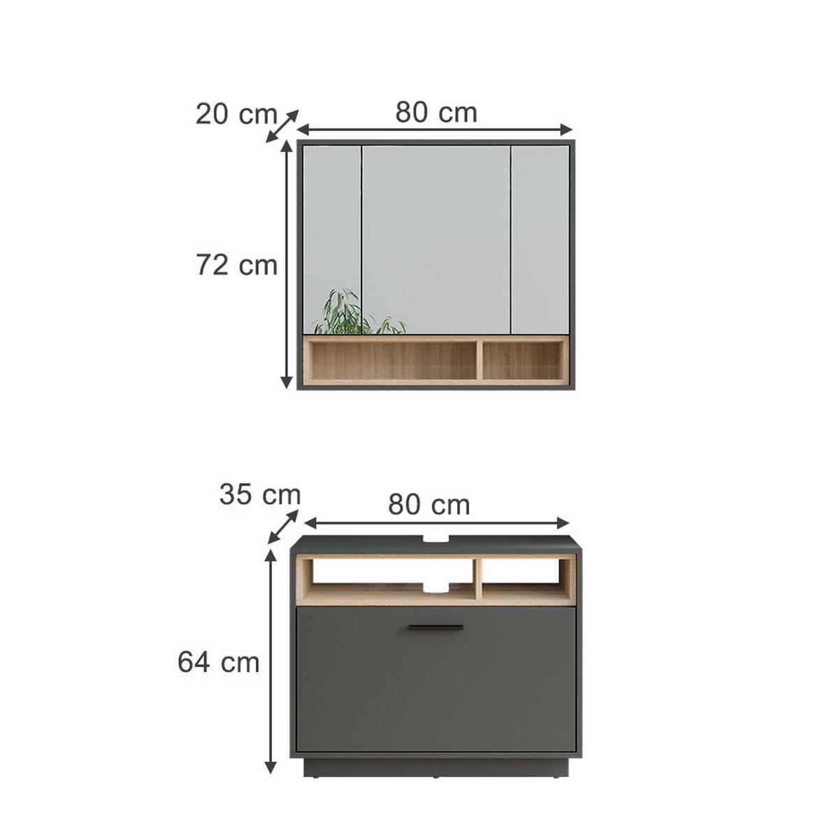 SADA KOUPELNOVÉHO NÁBYTKU Beatrice Anthracite/Sonoma - Sonoma dub/antracitová, kompozitní dřevo (80/64/35cm) - Vicco