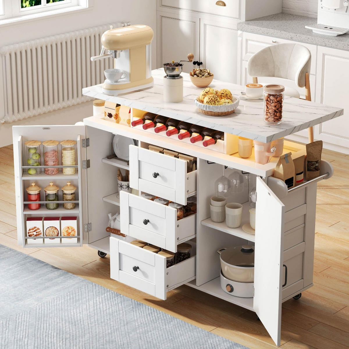 KÜCHENINSEL MIT KLAPPBARER ARBEITSPLATTE, Küchenwagen, Weingestell, MDF, 138/60/93 cm - Weiß, Kunststoff (60/93/138cm) - Rolipo