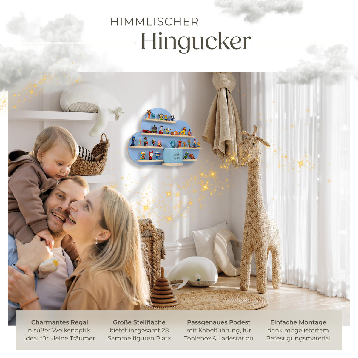 WANDREGAL Mylittlestory Cloud,76 x 15,5 x 50 cm, blau - Blau, Holz (76/50/15.5cm) - tectake